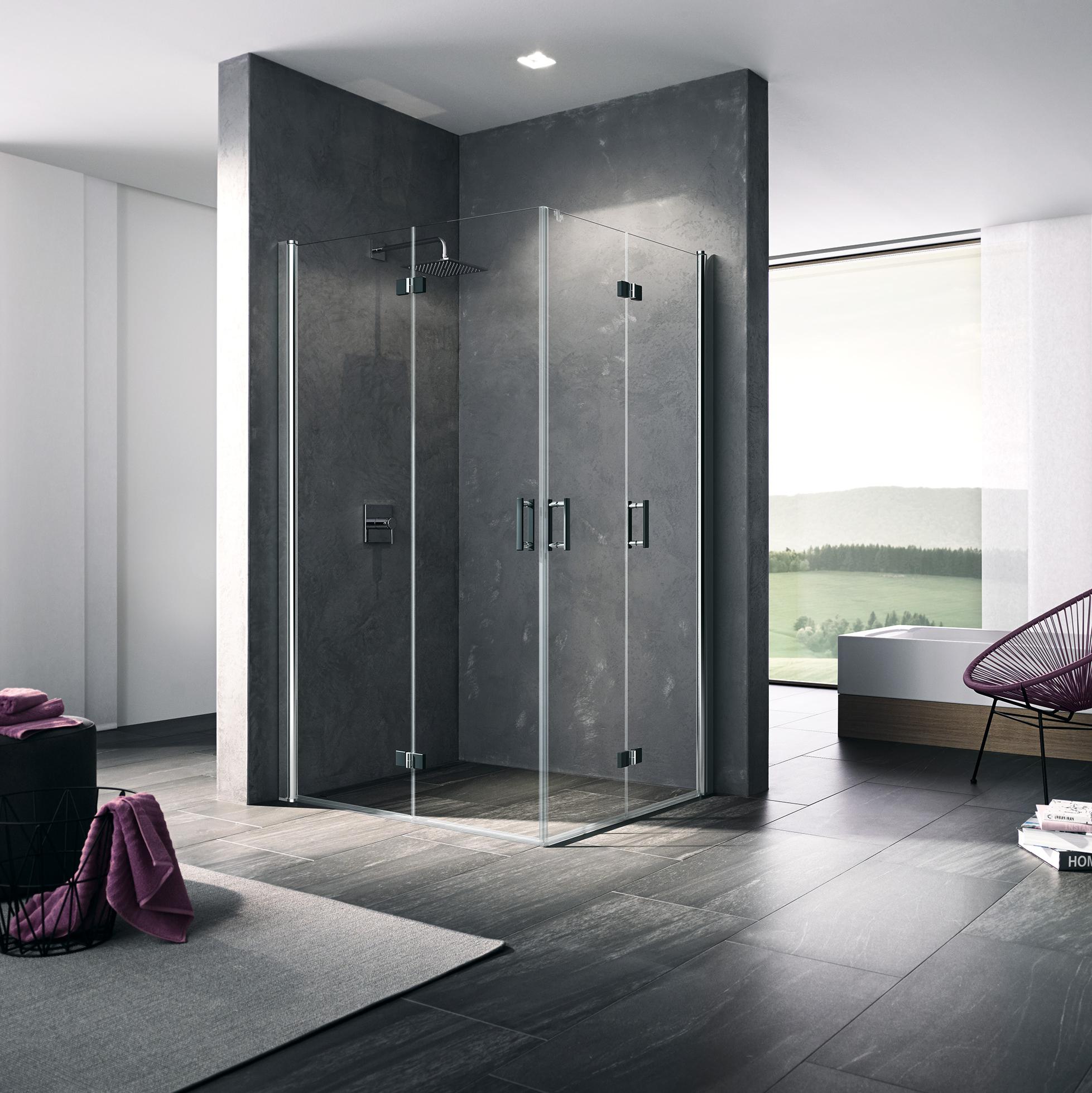 Paroi de douche à profilé Kermi avec accès d’angle DIGA en 2 parties (portes pivotantes repliables) – demi-ensemble