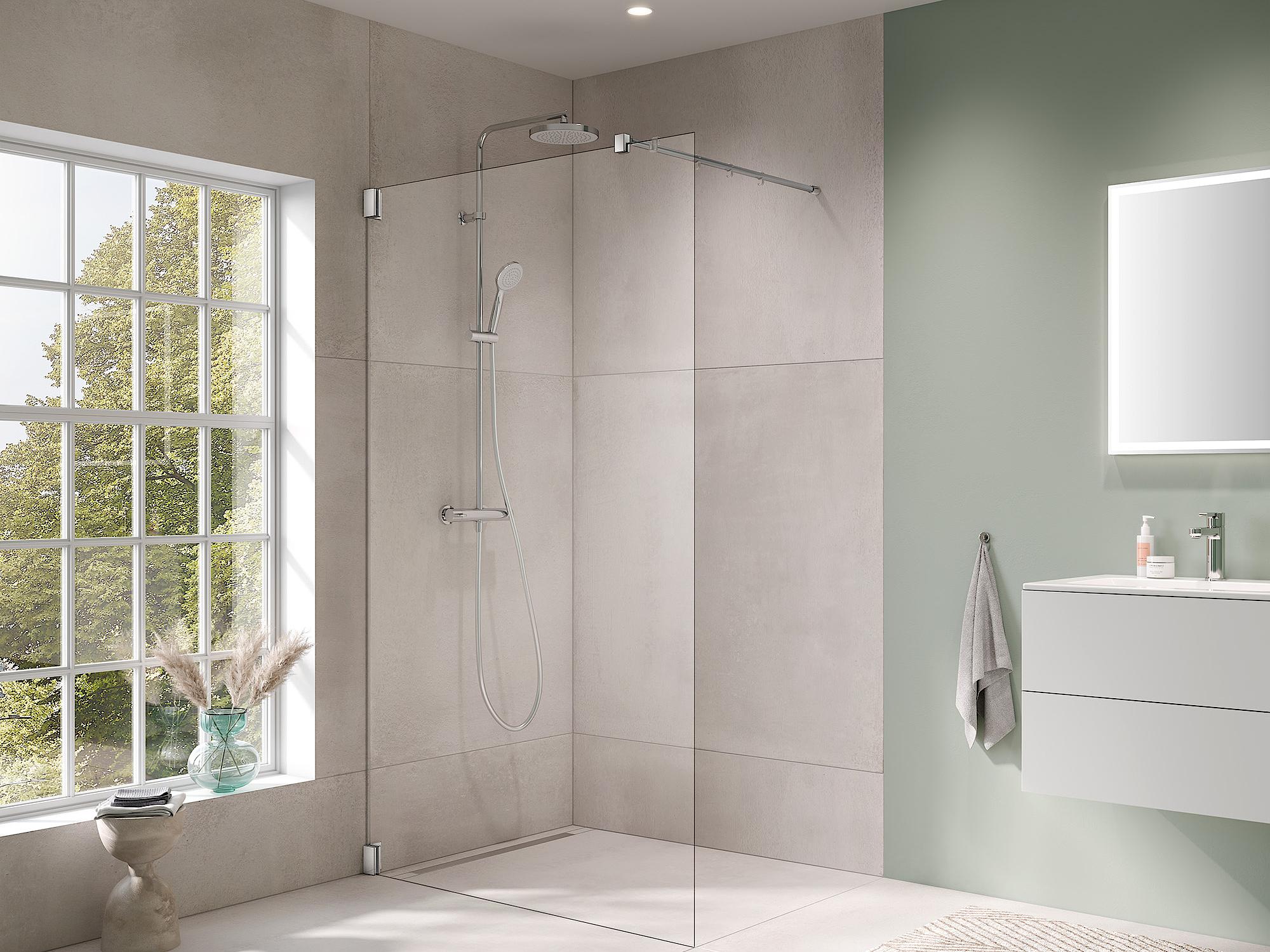 Kermi hinged shower enclosure, FILIA WALK-IN Wall with 90° stabilizer