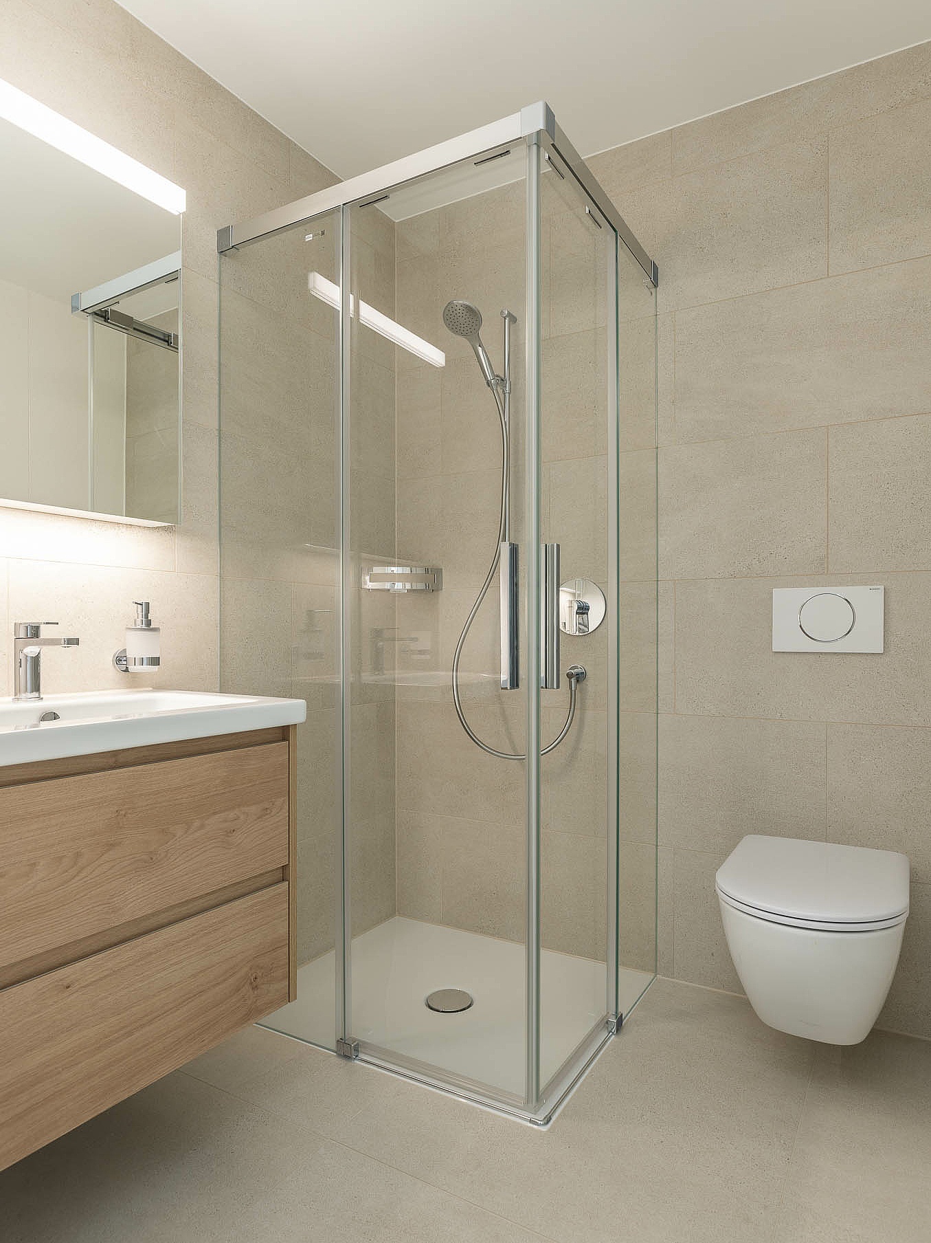 Profile shower enclosure NICA corner solution open Kermi shower design reference object SEEPARK profile shower enclosure NICA corner solution open