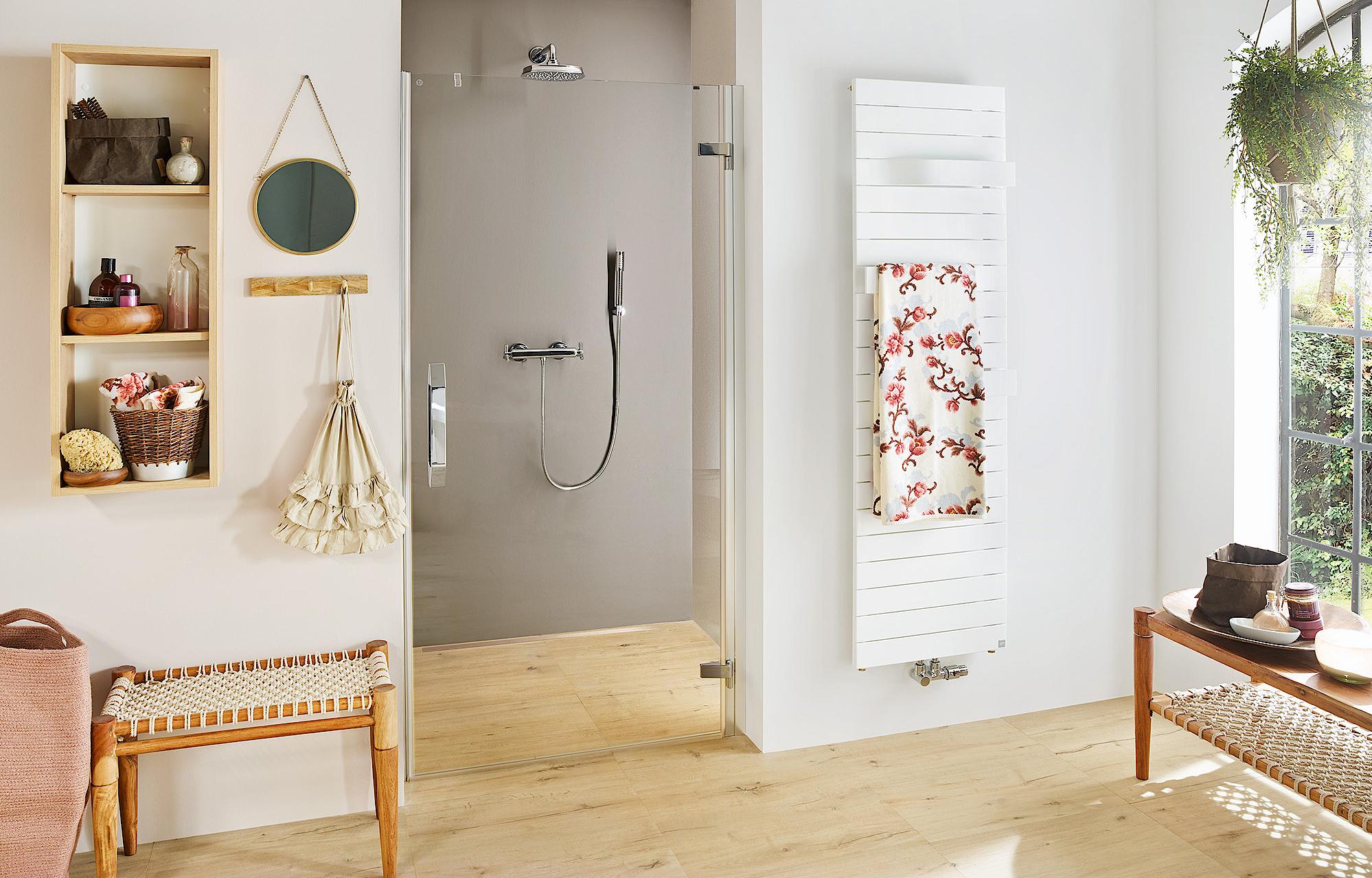 Kermi hinged shower enclosure, TUSCA single panel hinged door with hinge and wall profile