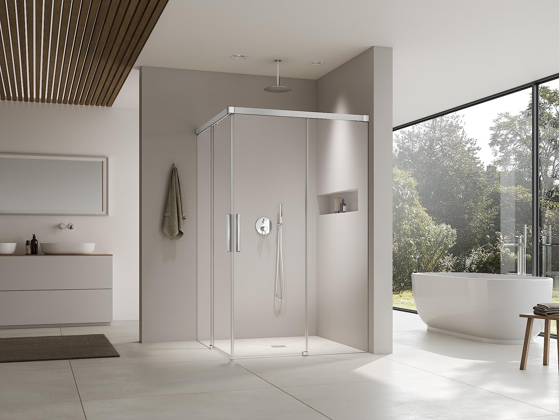 Paroi de douche à profilé Kermi avec accès d’angle NICA à 2 éléments (portes coulissantes avec surface au sol libre) sans profilé mural
