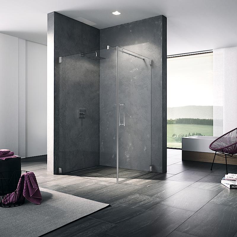 Kermi hinged shower enclosure, PASA single panel hinged door and side wall