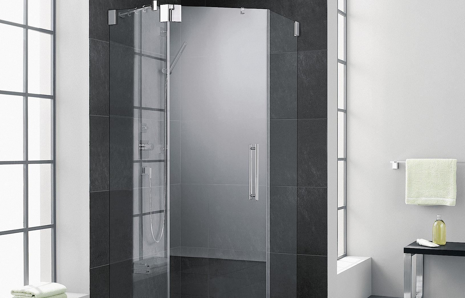 Zawiasowa kabina prysznicowa Kermi PASA pięciokątna (drzwi wahadłowe z polami stałymi)