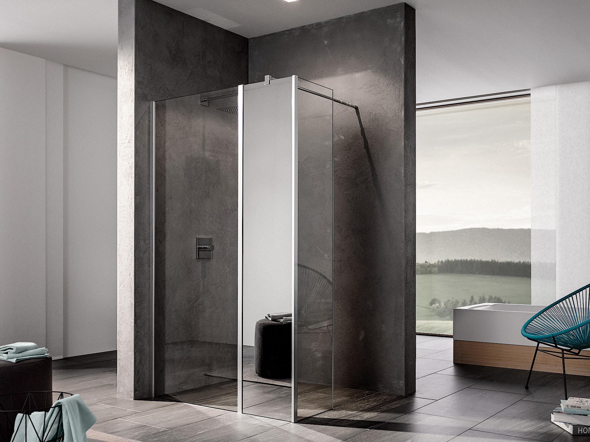 Kermi Walk-In shower enclosure, WALK-IN XB fixed panel at an angle for combination with WALK-IN XB Wall with mirror glass