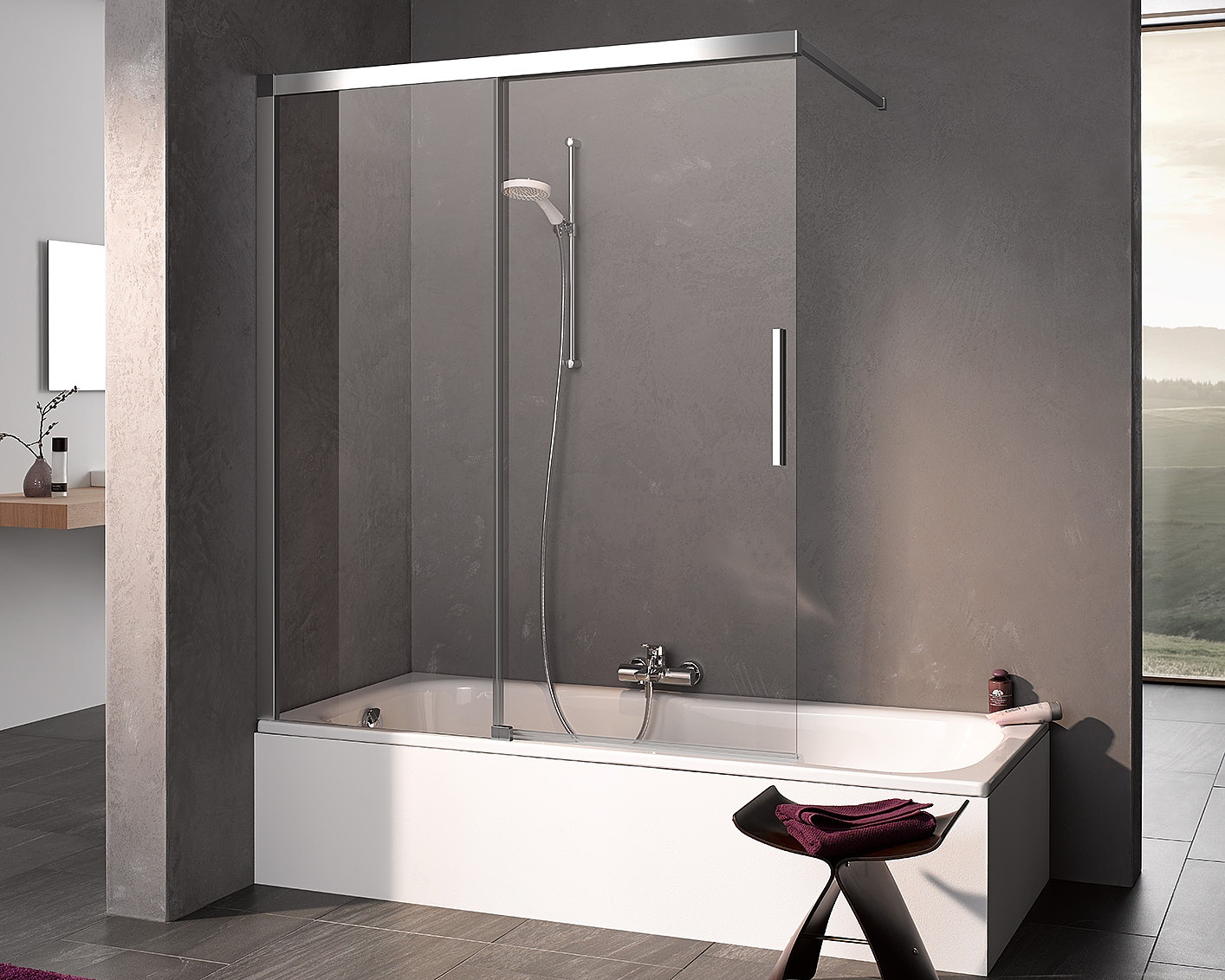 Paroi de douche à profilé Kermi avec porte coulissante NICA à 2 éléments avec élément fixe avec profilé mural pour baignoire