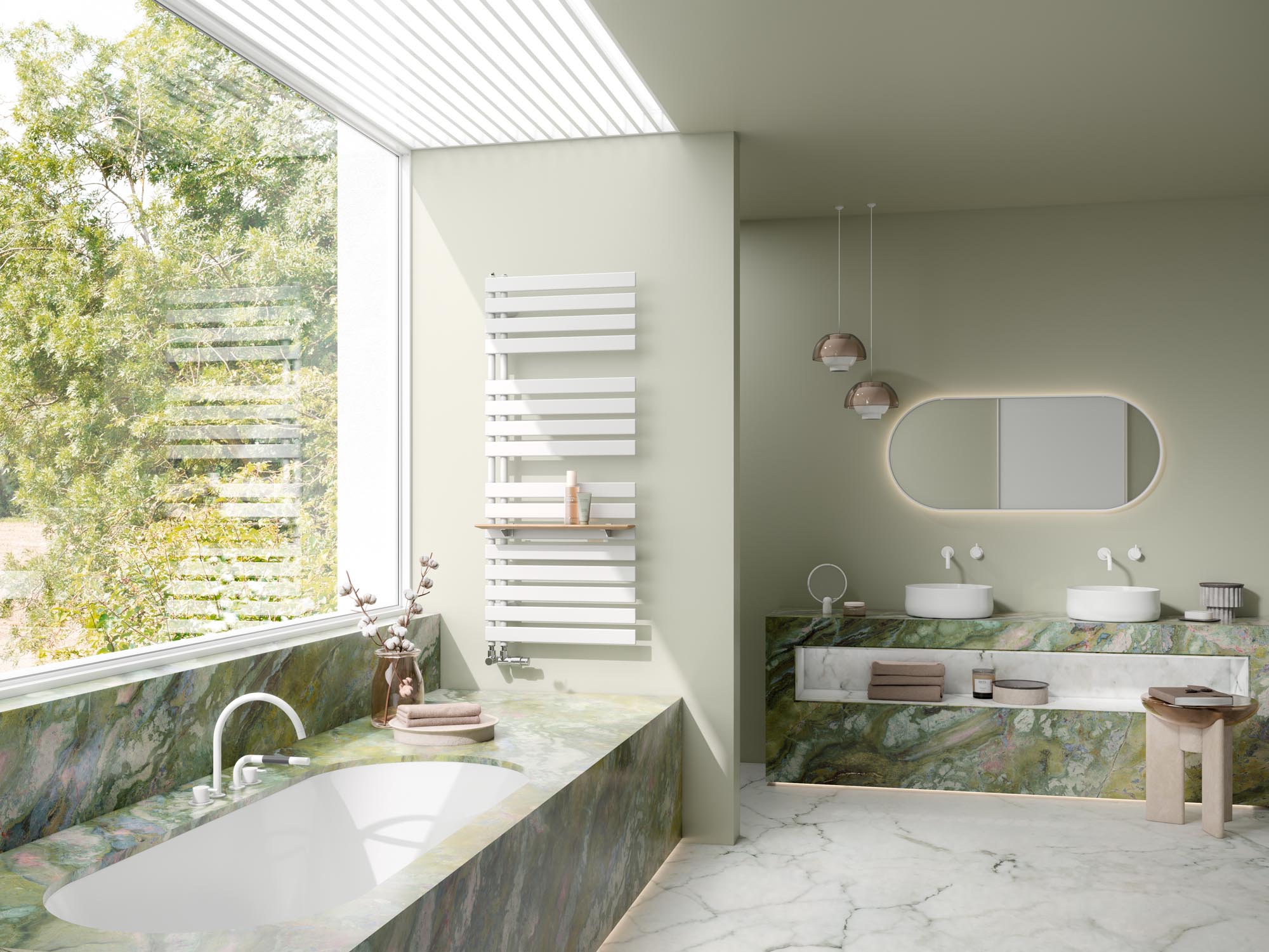 Kermi Credo Half flat designer and bathroom radiators – open at the side, with flat transverse pipes.