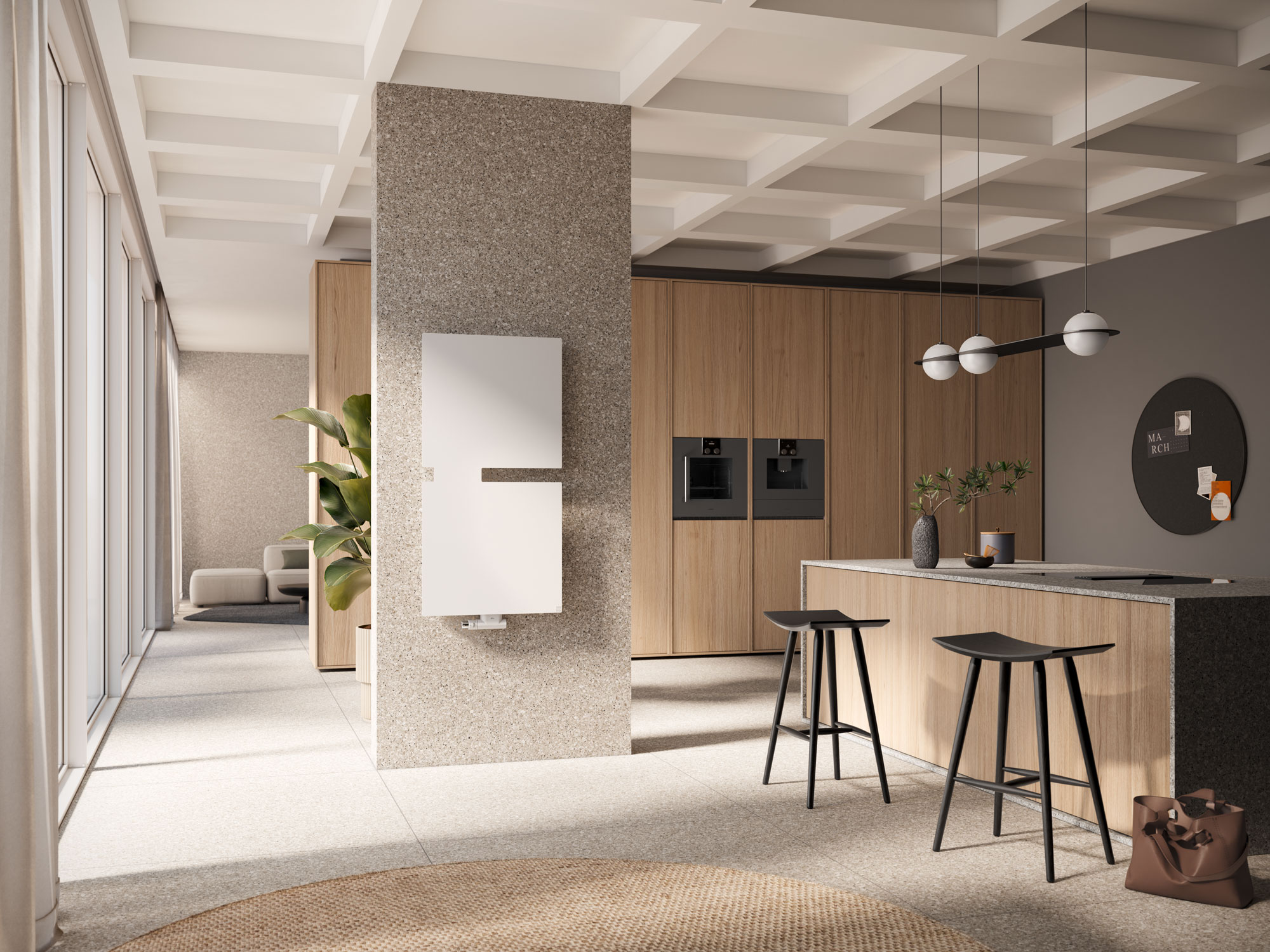 Bathroom and living room radiator Tano with two elements in the colour white in the kitchen