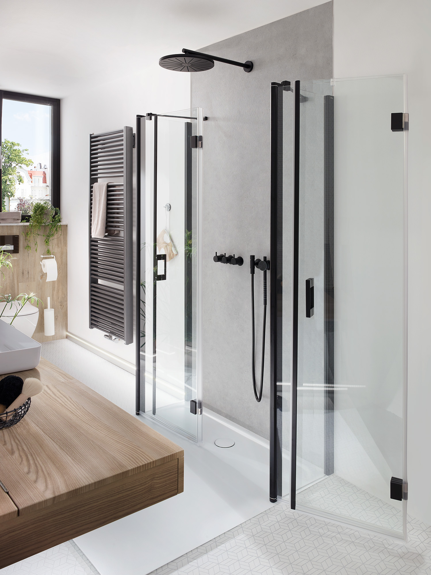 Kermi profile shower enclosure LIGA hinged folding doors U-shaped shower enclosure in Black, open