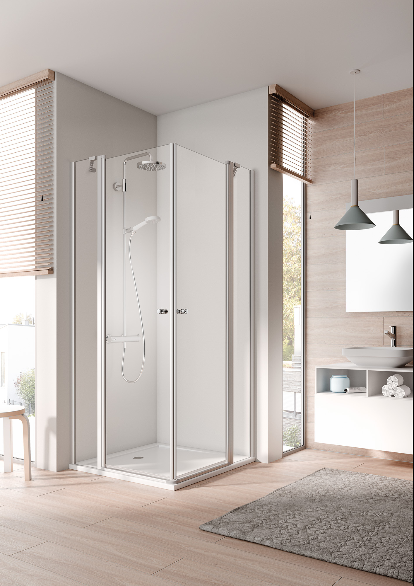 Paroi de douche à profilé Kermi avec accès d’angle IBIZA 2000 en 2 parties (portes pivotantes avec éléments fixes) – demi-ensemble