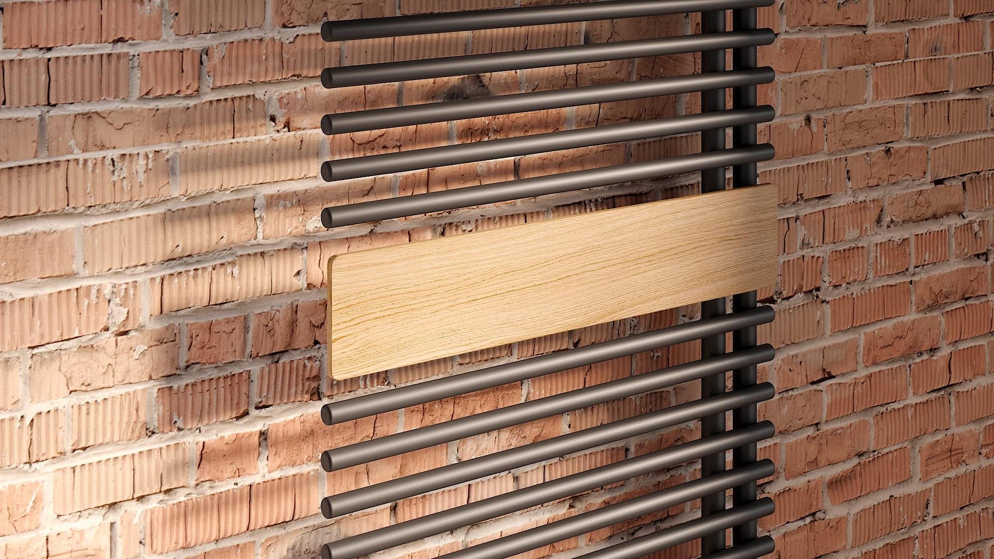 Kermi Credo-Half round dizaino radiatoriaus – rankšluosčių džiovintuvo – dizaino elementas yra ir iš natūralaus medžio, šviesaus ąžuolo.