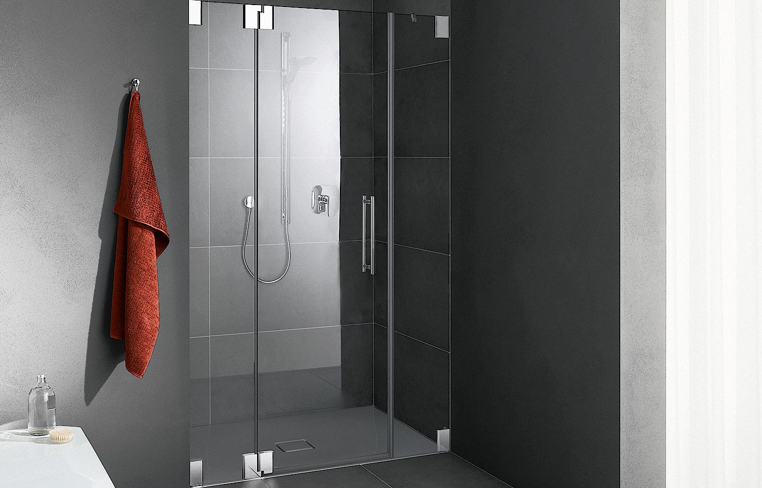 Kermi hinged shower enclosure, PASA single panel hinged door with fixed panels