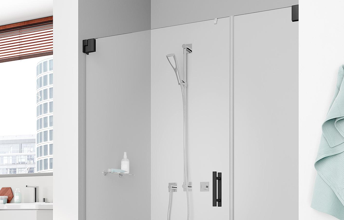 Kermi hinged shower enclosure, FILIA single panel hinged door and fixed panel
