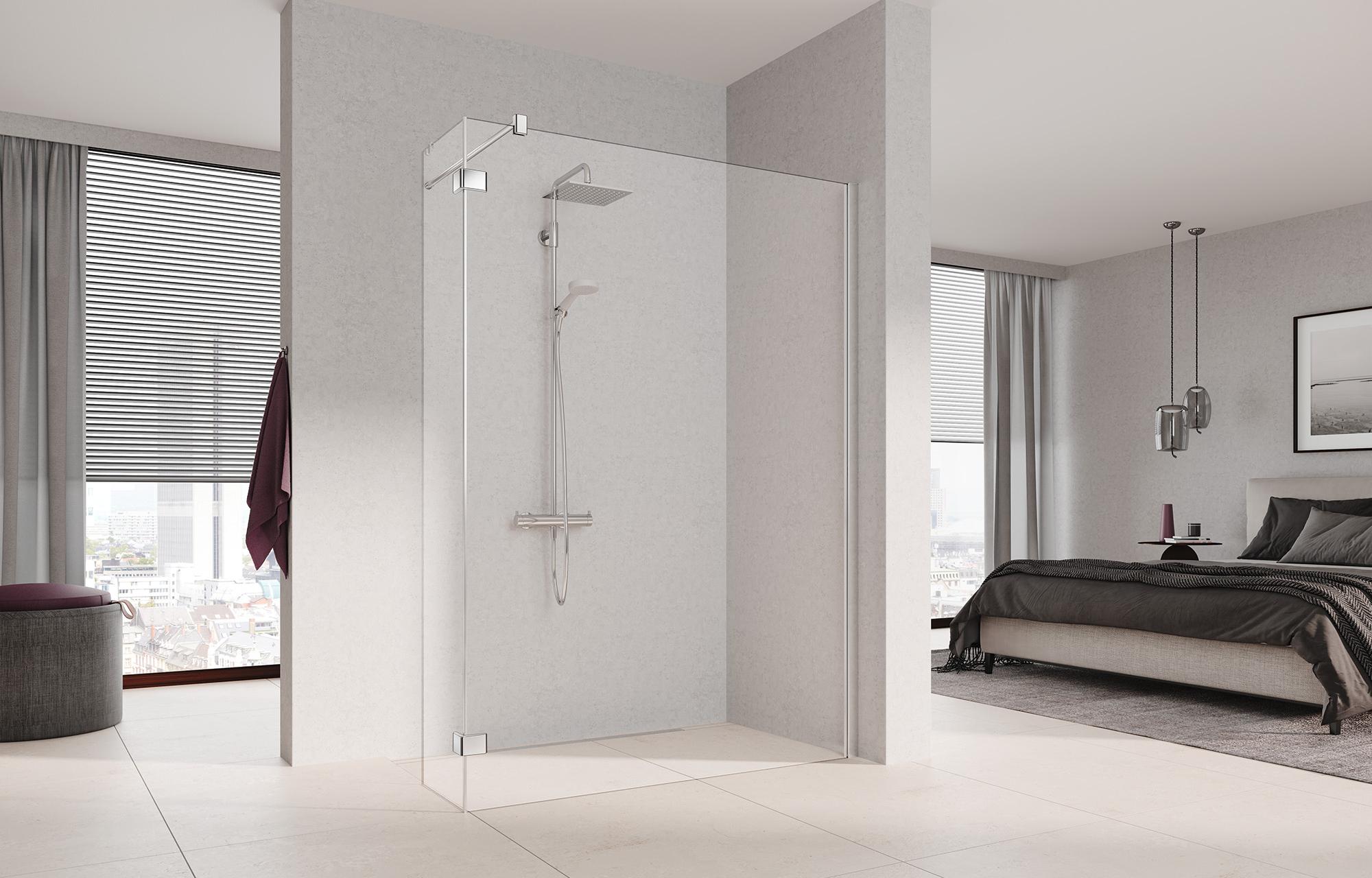 Kermi shower enclosure, MENA WALK-IN Wall with wall profile with fixed panel at an angle