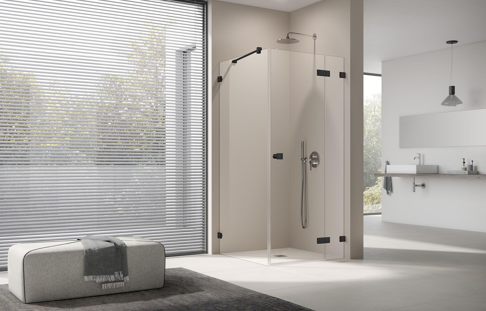 Kermi shower enclosure MENA single-panel hinged door with fixed panels and wall hinge Black