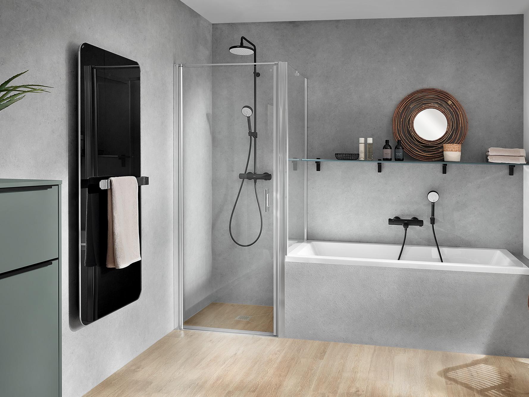Kermi profile shower enclosure LIGA single-panel and shortened side wall on bathtub