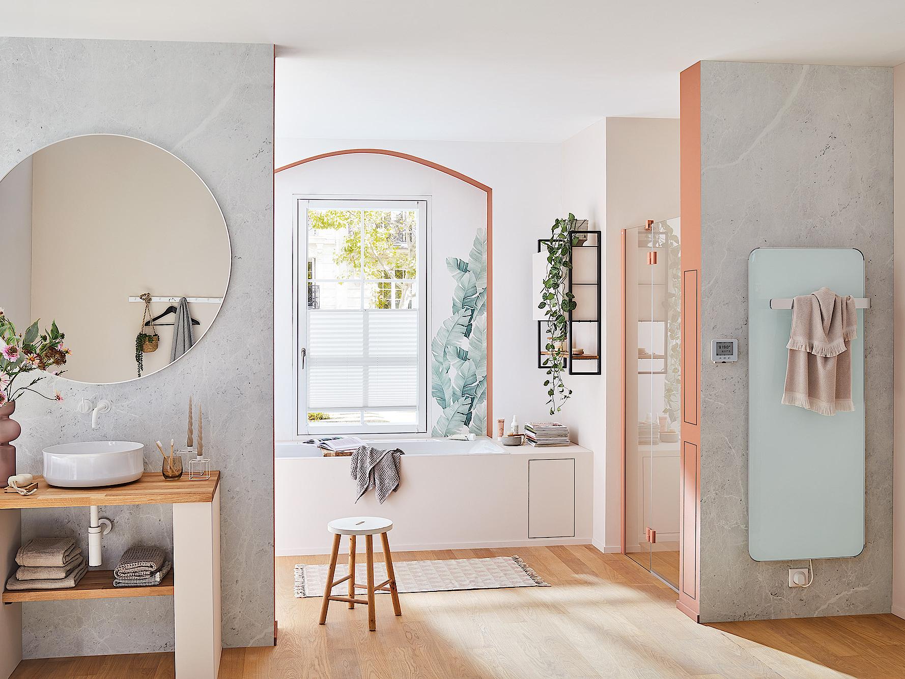 Box doccia con profilo Kermi LIGA porta basculante con pannello fisso con profilo a parete in Noble Pink