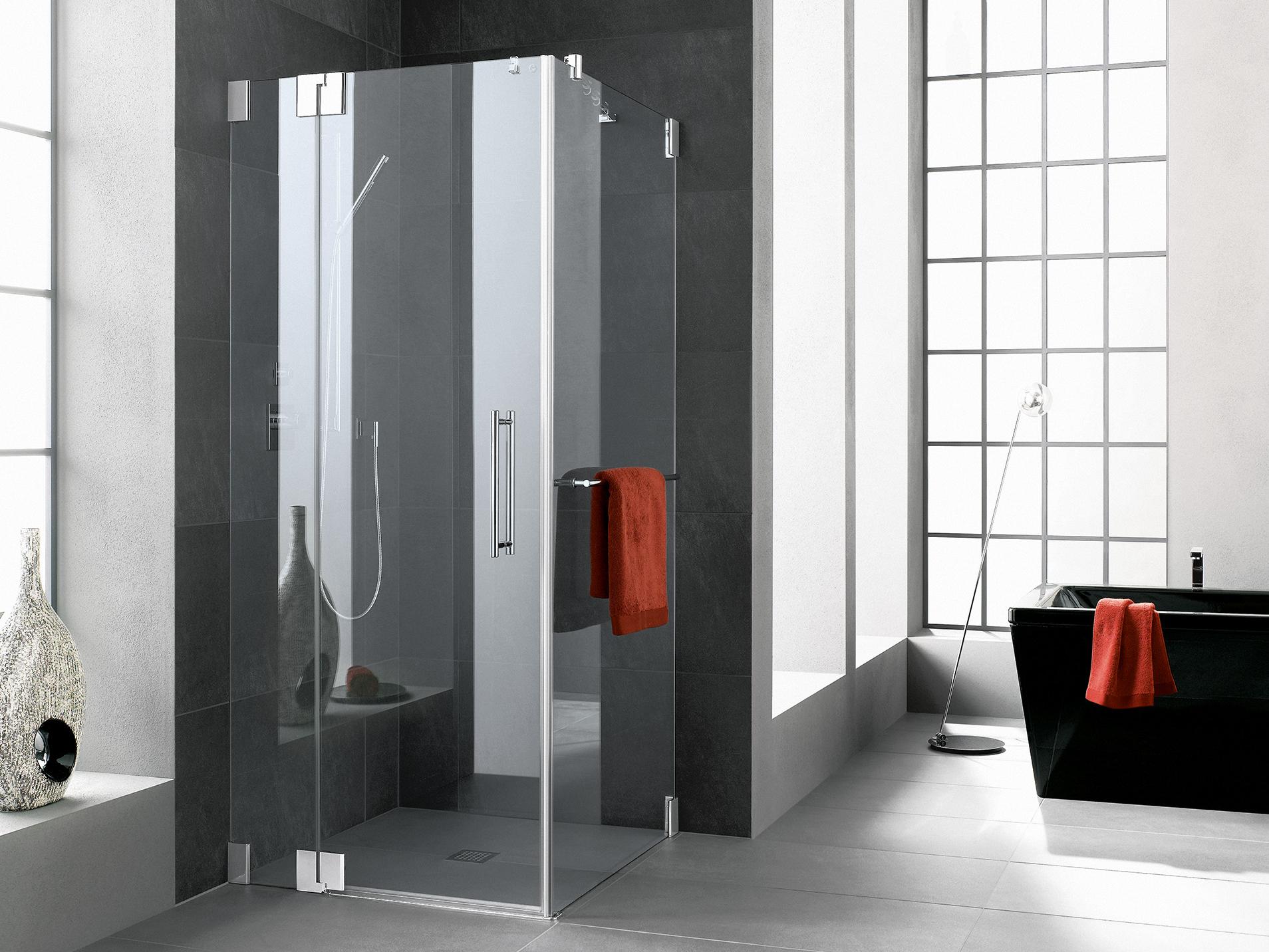 Kermi hinged shower enclosure, PASA single panel hinged door with fixed panel and side wall