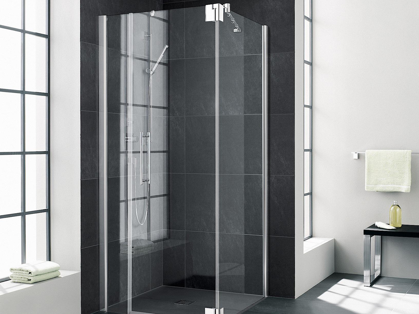 Kermi hinged shower enclosure, PASA XP single panel hinged door and fixed panel