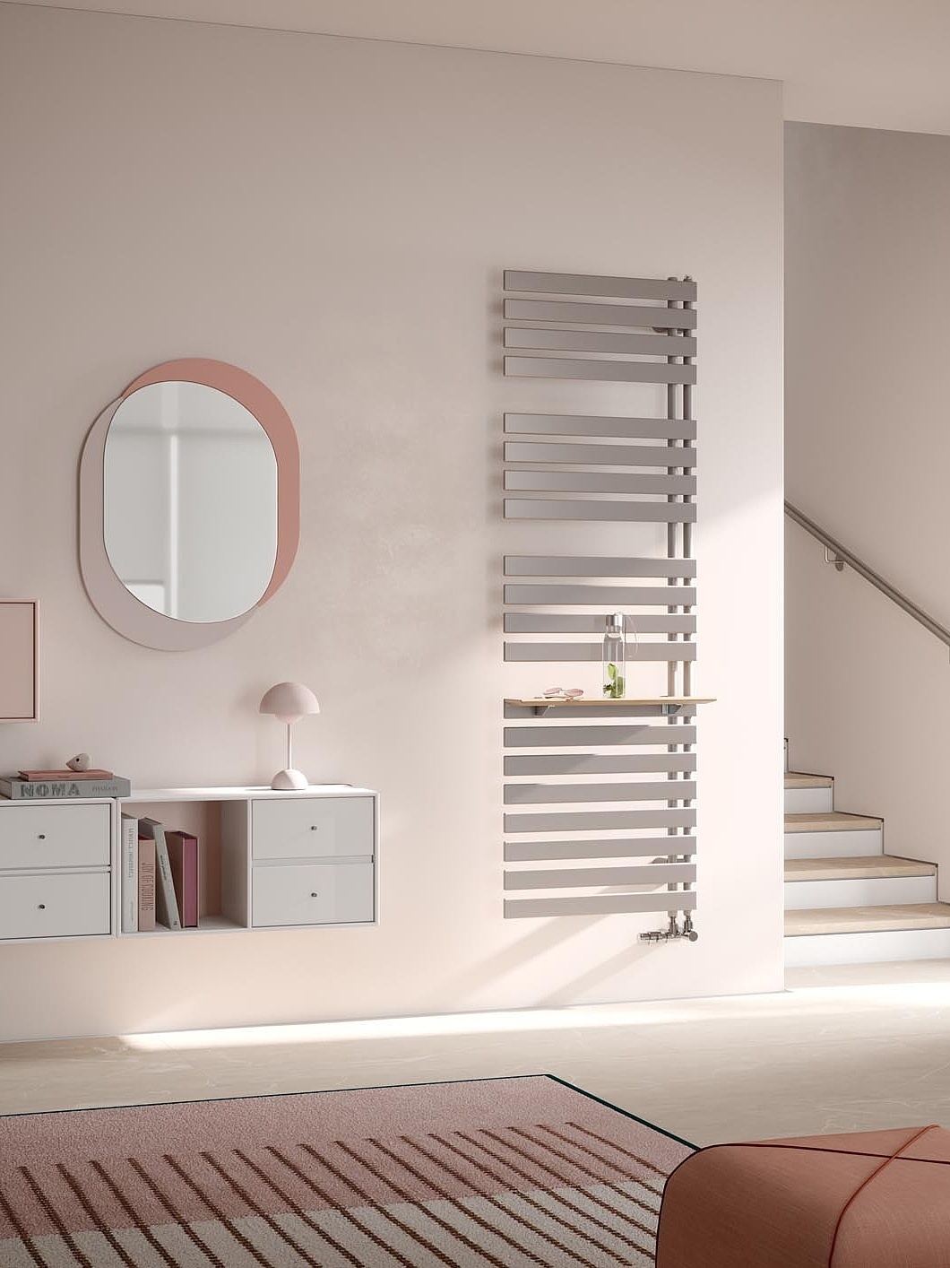 The Kermi Credo Half flat design and bathroom radiator blends perfectly into the living space in accordance with the colour scheme.