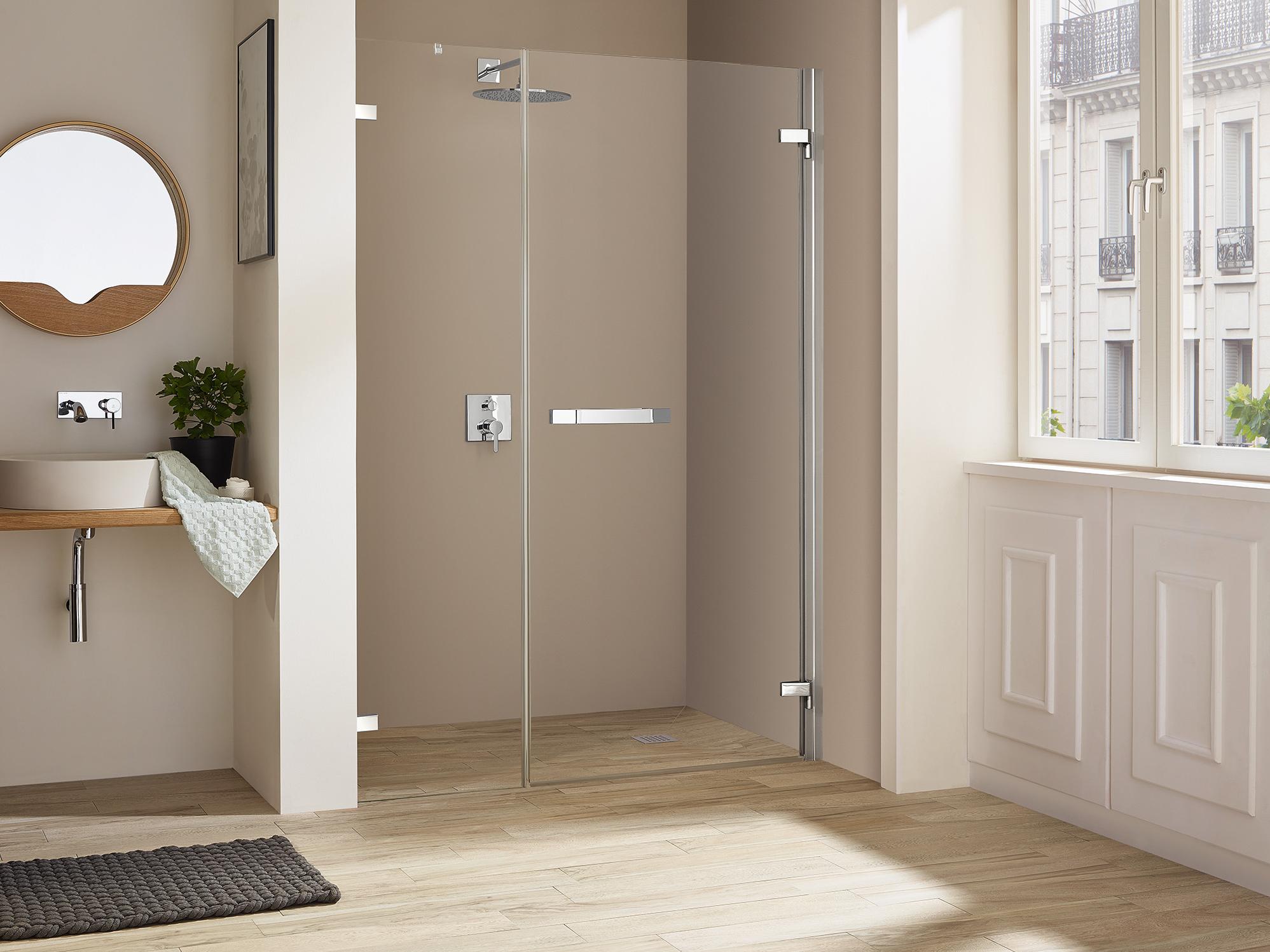 Kermi hinged shower enclosure, TUSCA single panel hinged door and fixed panel (wall hinge on the fixed panel)