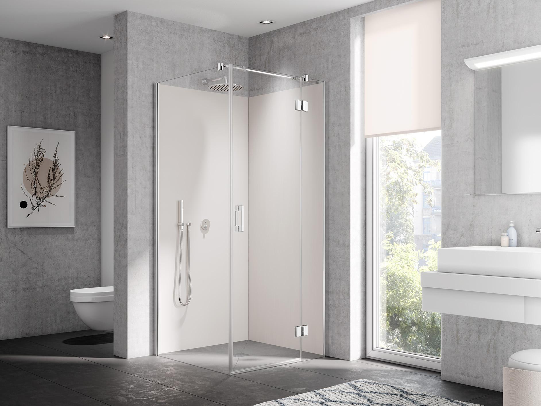 Box doccia con profilo Kermi LIGA porta basculante con pannello fisso e parete laterale con profilo a parete