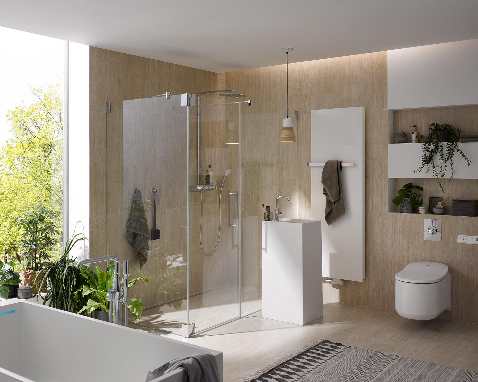 Kermi hinged shower enclosure, PASA single panel hinged door with fixed panel and side wall