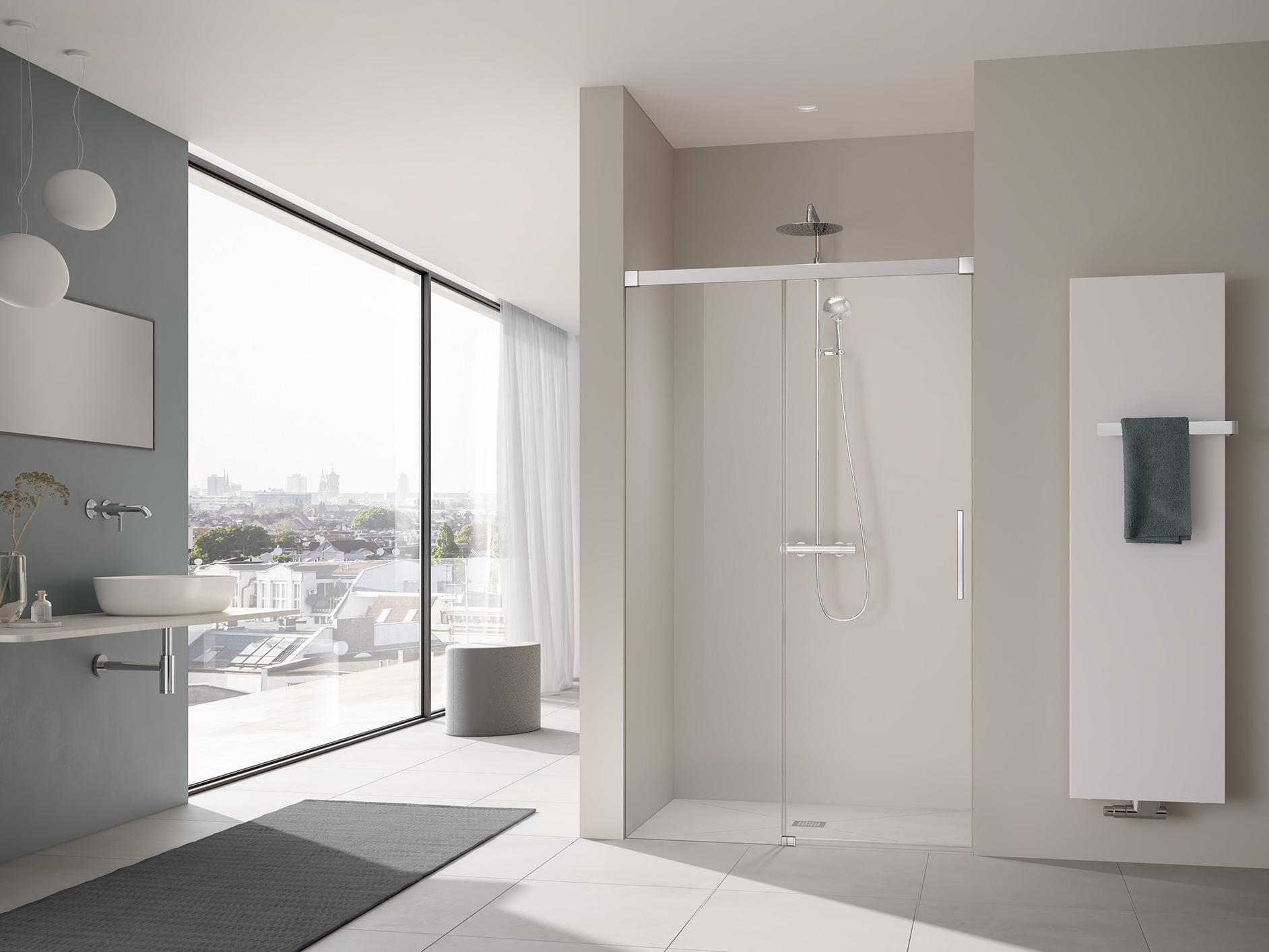 Kermi profile shower enclosure, NICA off-floor two-part sliding door with fixed panel without wall profile