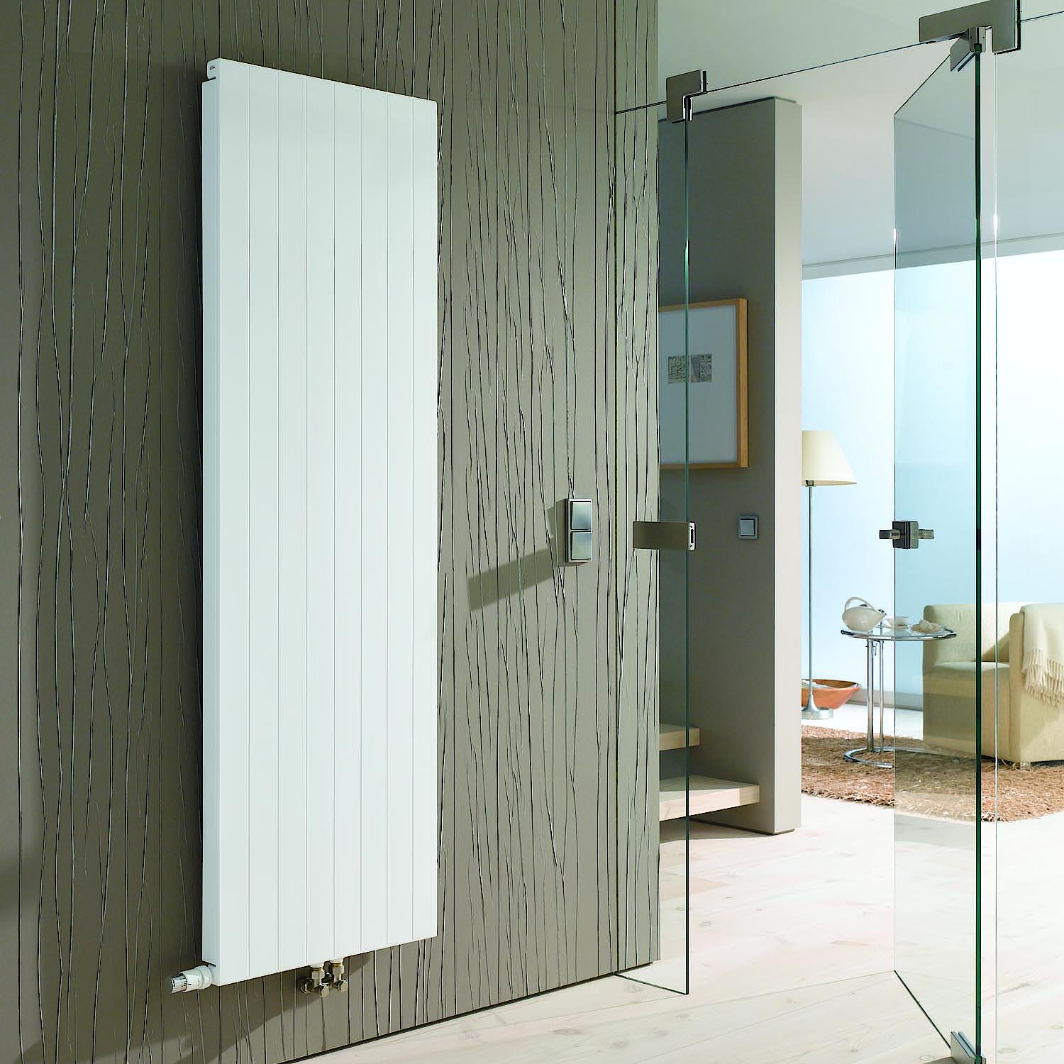 A vertical, slimline version of the Kermi valve heating panel in the form of a radiator that is tailored specifically to foyers, stairwells, and lobbies.