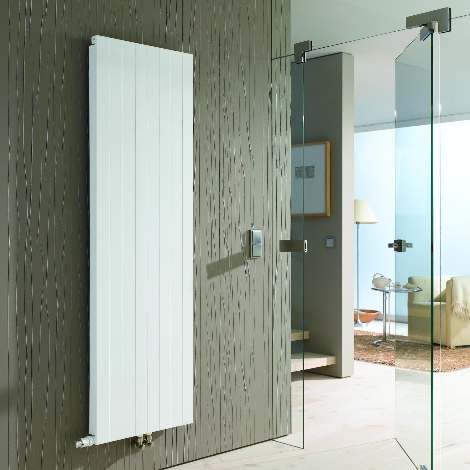 A vertical, slimline version of the Kermi valve heating panel in the form of a radiator that is tailored specifically to foyers, stairwells, and lobbies.