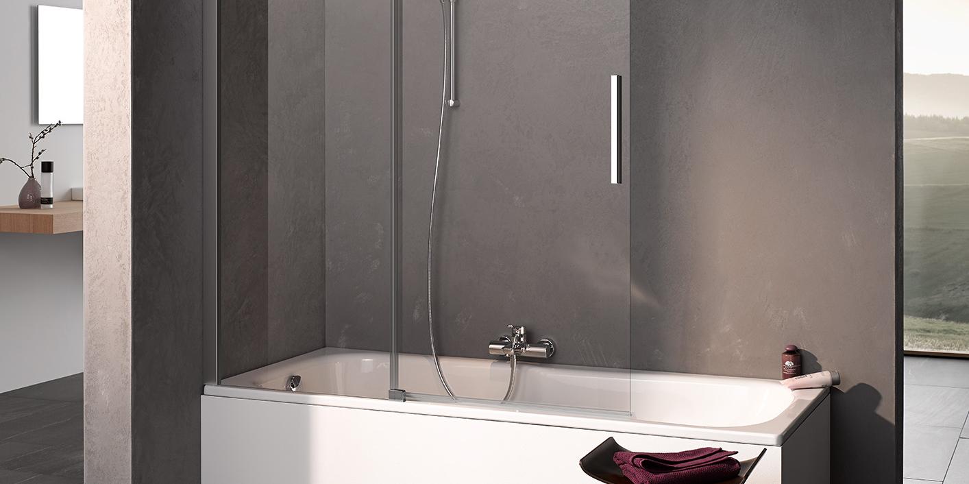 Kermi profile shower enclosure, NICA two-part sliding door with fixed panel with wall profile for the bathtub