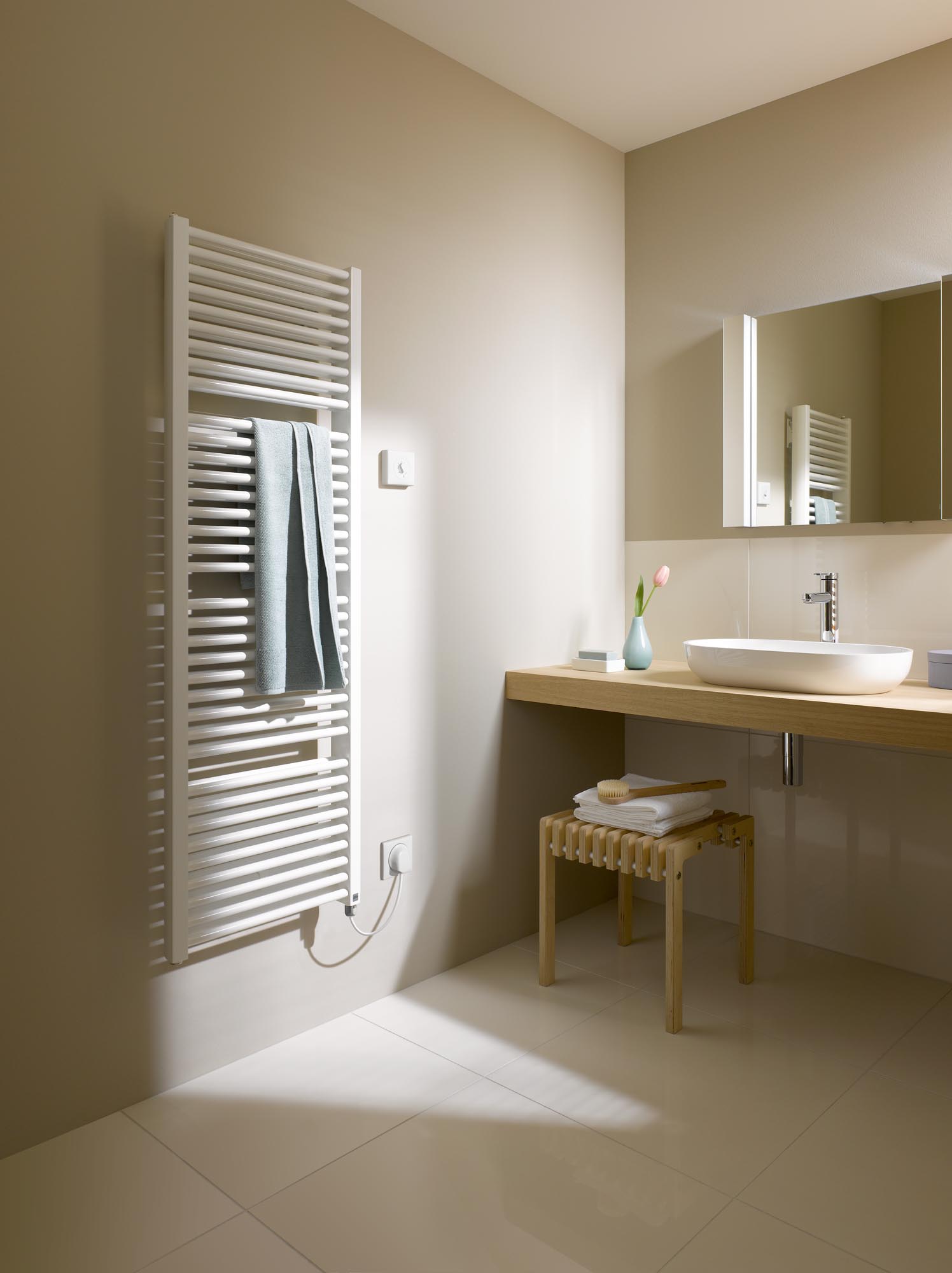 The Kermi Duett design and bathroom radiator is also available in an electric version.