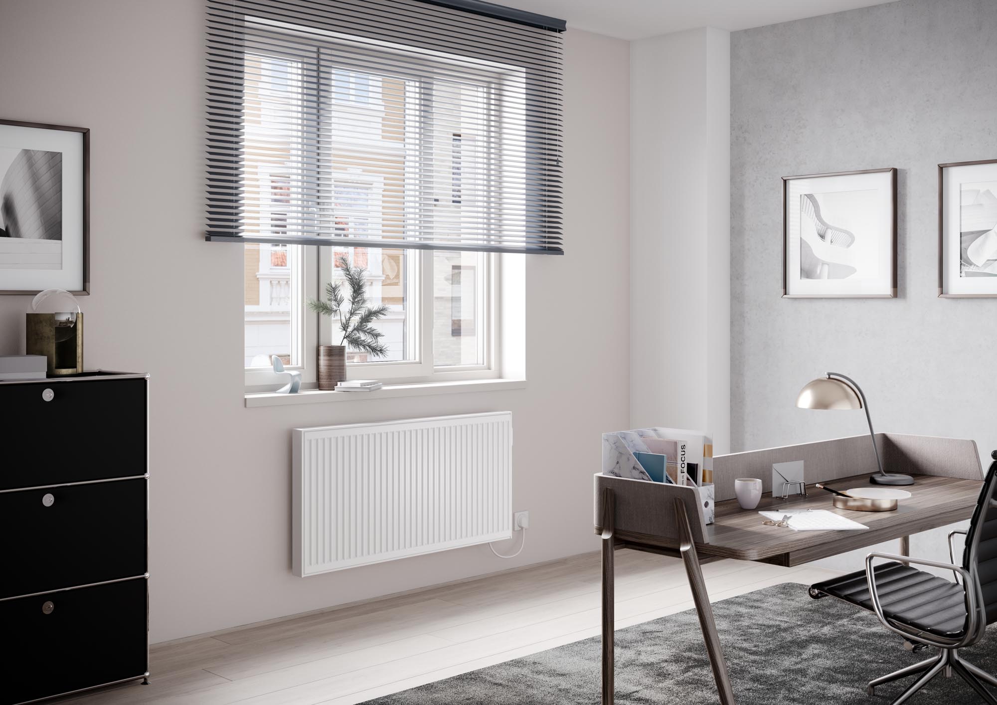 Kermi x-therm +e Profil horizontal electric steel panel radiators with a profiled surface look.