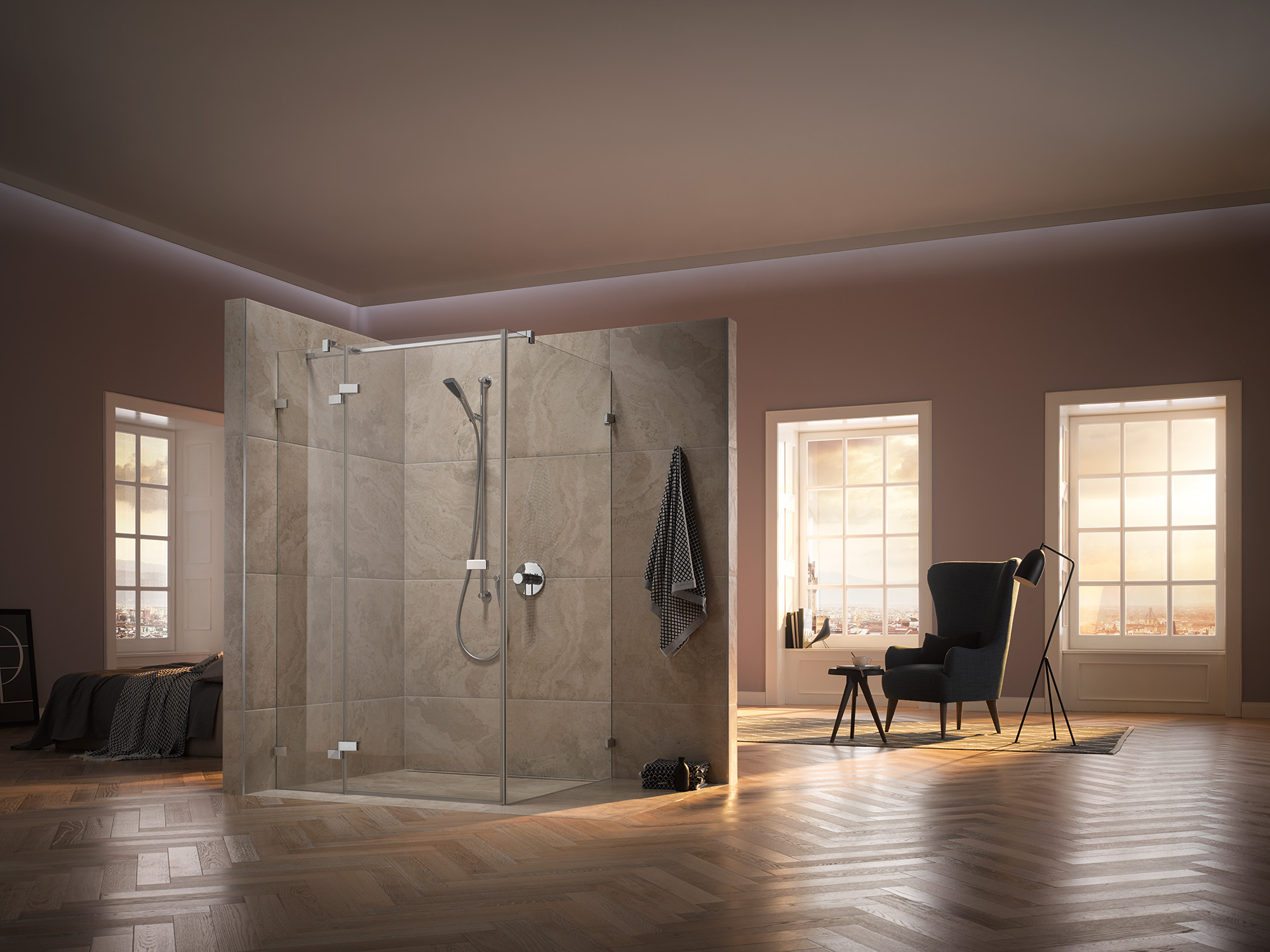 Kermi hinged shower enclosure, TUSCA single panel hinged door with fixed panel with wall hinge